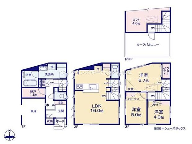 LDKは広々16帖！配膳・片付けも楽々のカウンターキッチン！統一感を作りやすい洋室のみの間取り！陽当たりの良いルーフバルコニー付き！