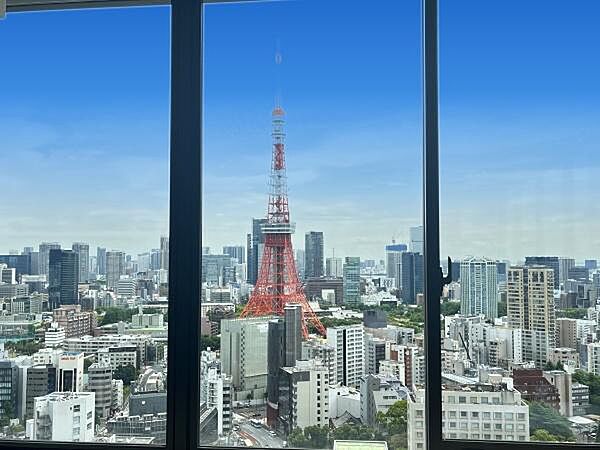 直近に東京タワーが額縁に入った絵画のように美しく、また煌びやかな夜景も一望できます。ビルトインエアコン、天井高2.6m、高さ2.1mのハイサッシにより明るく開放的な印象を与え、圧巻の空間になっています