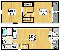 JR片町線(学研都市線) 放出駅 徒歩7分の賃貸テラスハウス 2LDKの間取り