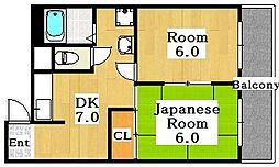 三由ハイツB棟 2DKの間取図画像