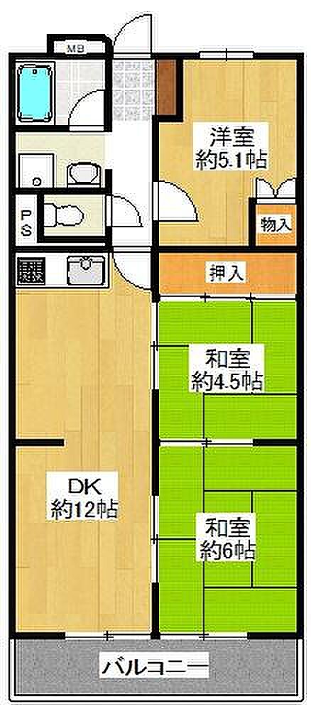 プレジデント東大阪第3棟(3DK) 3階の間取り