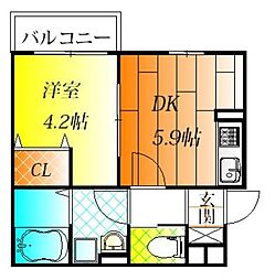 ヴェルメゾン松原東新町 1DKの間取図画像