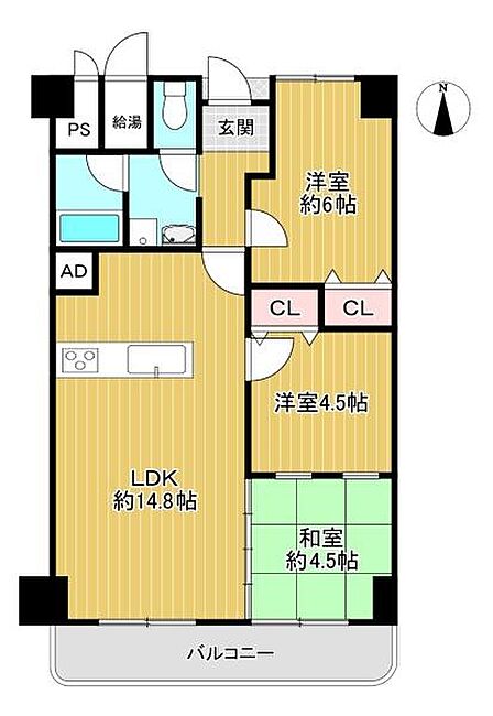 【間取り】最上階・南向きバルコニー・3LDK