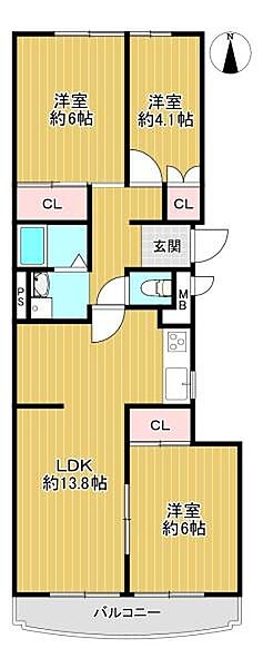 【間取り】最上階・南向きバルコニーの3ＬＤＫ