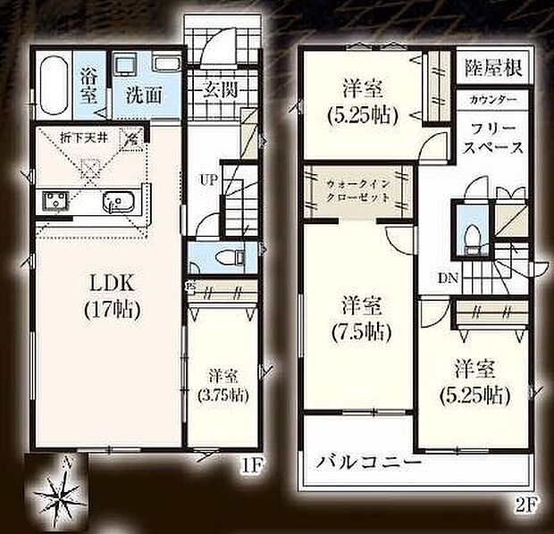 4LDK、2階建て 2階にはカウンター付きフリースペース、ウォークインクローゼットがあります♪
