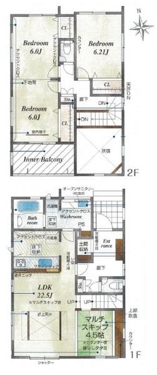 2階12帖洋室は間仕切り可能な下地付き!駐車スペース3台、2LDK→3LDKに変更可能♪LDKは広々22.5帖、マルチスキップ4.5帖付き!徒歩圏内に生活施設が揃っています!