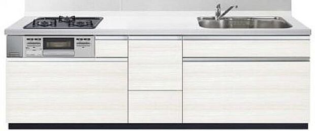 同住宅メーカーの分譲住宅、施工例です。キャビネットデザイン。シンプルな扉割とまっすぐに伸びた水平ラインが美しく無駄の無い空間を生み出します。