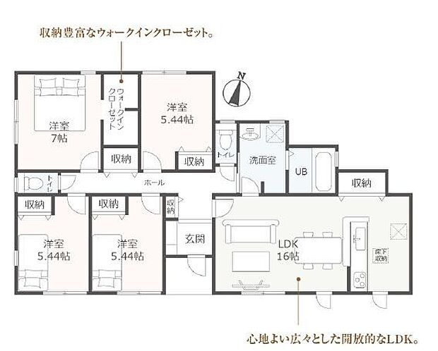 全室フローリング、4LDKの平屋建て!収納量が多いパントリー付き♪
