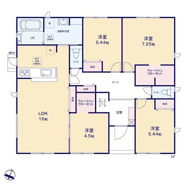 全室フローリングの4LDK、平屋建て!ウォークインクローゼット、シューズインクロークなど収納豊富です♪トイレ2ヶ所付き♪