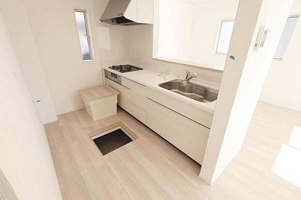 【　キッチン　/　Kitchen　】リビングを見渡せるオープンキッチンで、お料理の受け渡しもスムーズ！窓があり熱やにおいがこもりにくい設計