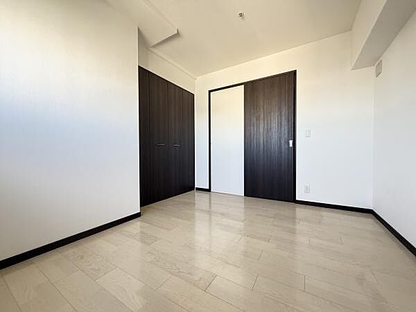 玄関側、独立した6.1帖の洋室写真です(カーテン、エアコンは撤去引渡)。リビングに隣接していない洋室を設ける事でプライバシーを考慮した寝室としてご活用いただける物件となっております。幅の広い収納も有。