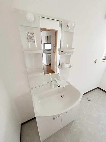 収納棚が充実しており身の回りの小物をすっきり整理できます。広めのミラーで毎日の身支度も快適です。明るい色合いの造りで空間全体が清潔感のある印象です。
