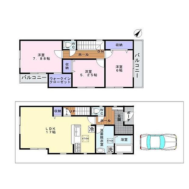 2階に広々とした7.88帖の洋室がありウォークインクローゼットも備えています。1階には17帖のLDKが広がりカウンターキッチンが設置されています。各階に収納スペースが充実している点が特長です。