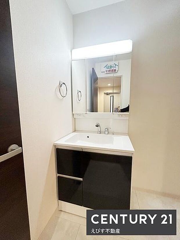 シンプルですっきりとしたデザインの洗面台が設置されています。ミラーキャビネットで収納も充実しています。明るい照明が洗面スペースをしっかりと照らします。コンパクトながら使いやすい配置です。