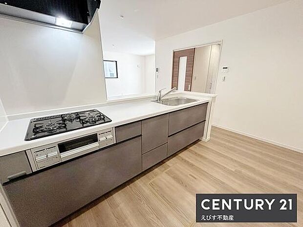 清潔感のあるキッチン空間です。広々とした作業スペースが確保されています。シンプルながらも使いやすさを感じるレイアウトです。収納も充実しています。スタイリッシュな印象のキッチンです。