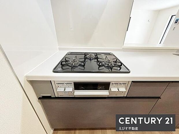 シンプルで統一感のあるキッチンです。ガスコンロが3口あり使いやすい配置が特徴です。引き出し収納も備わっているため調理器具の整理がしやすいです。カウンターはすっきりとした印象を与えます。