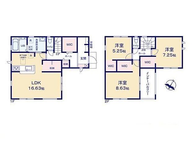 広めのリビングダイニングキッチンが特徴の間取りです。収納スペースが多く使い勝手に配慮されています。