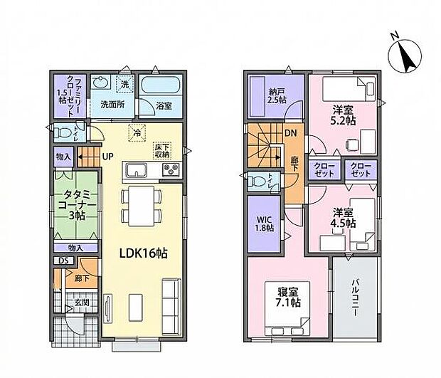 2階建てで3部屋の洋室と広々としたLDK16帖が特徴的です。ウォークインクローゼットや納戸など収納スペースも充実しています。バルコニー付きで各部屋の使い分けも可能です。