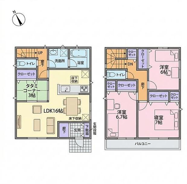 各部屋がゆったりと配置され使い勝手の良い間取りです。収納スペースも豊富に確保されています。南向きのバルコニーがあり開放感があります。LDKと畳コーナーのつながりが特徴的です。