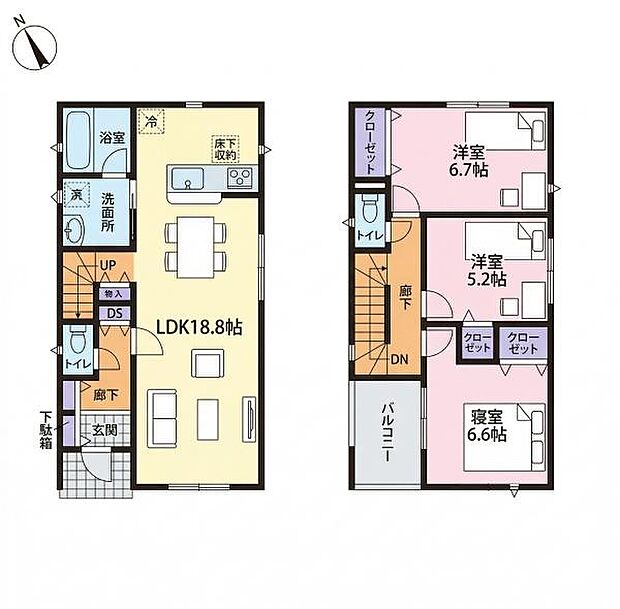 ゆったりとしたLDK18.8帖が魅力的な間取りです。2階には洋室が3部屋あり各部屋に収納スペースがあります。バルコニーも設けられており使いやすい動線が特徴です。階段下収納や床下収納が設置されています。
