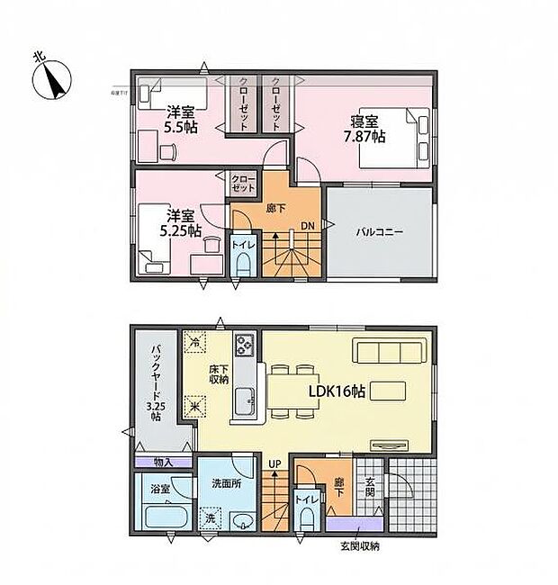 全室収納付きの間取りで日々の整理整頓も快適に行えます。2階には広々としたバルコニーがあり寝室にもアクセス可能です。LDKは16帖の広さで家全体がゆったりとした作りです。