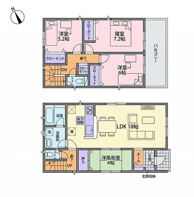 ゆとりある18帖のLDKが特徴的な間取りです。各部屋にクローゼットがあり収納スペースも充実しています。寝室には7.2帖の広さが確保されており快適です。和室も備えた多目的な設計です。