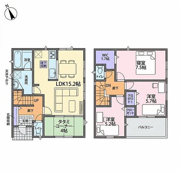 2階建てのゆとりある間取りです。LDKは15.2帖で広々としています。和の雰囲気を楽しめるタタミコーナー付きです。ウォークインクローゼットも備わっています。バルコニー付きで快適な住空間です。