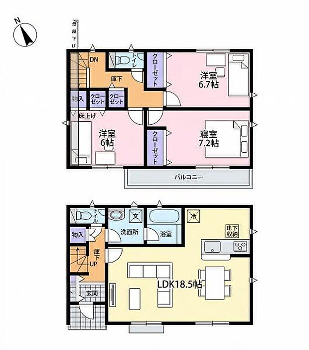 2階建てのゆとりある間取りです。LDKは15.2帖で広々としています。和の雰囲気を楽しめるタタミコーナー付きです。ウォークインクローゼットも備わっています。バルコニー付きで快適な住空間です。