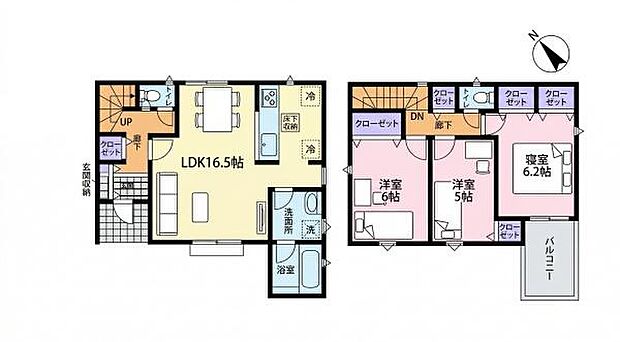 全居室に収納スペースが設けられており使い勝手の良い間取りです。リビングダイニングキッチンが16.5帖と広々しています。2階には洋室が3部屋配置されておりバルコニーも付いています。