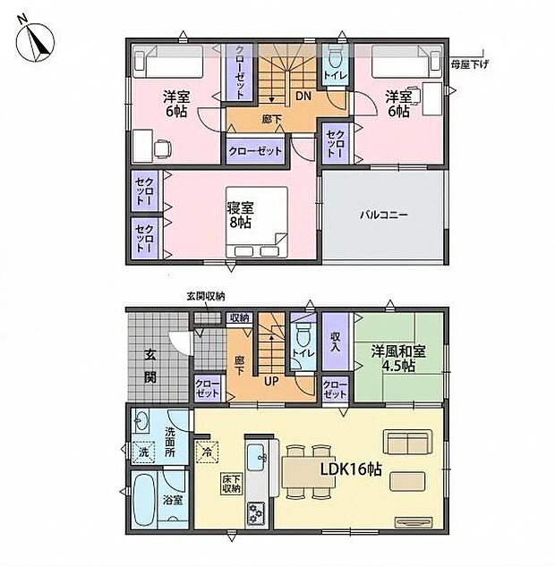 全室収納スペースが充実しておりすっきりとした暮らしが実現できます。LDKは16帖と広々した空間でゆとりを感じられます。2階にはバルコニーがあり複数の部屋からアクセスが可能です。