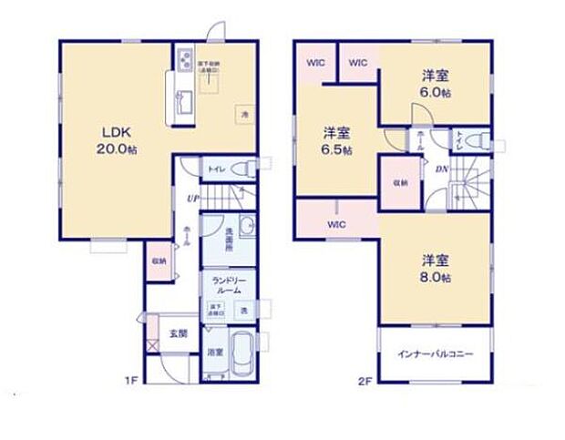 ゆとりのあるLDK20帖で開放感を感じられます。各洋室にクローゼットやWICが完備されています。ランドリールームや収納スペースも充実しています。2階にはインナーバルコニーがあり快適な空間設計です。