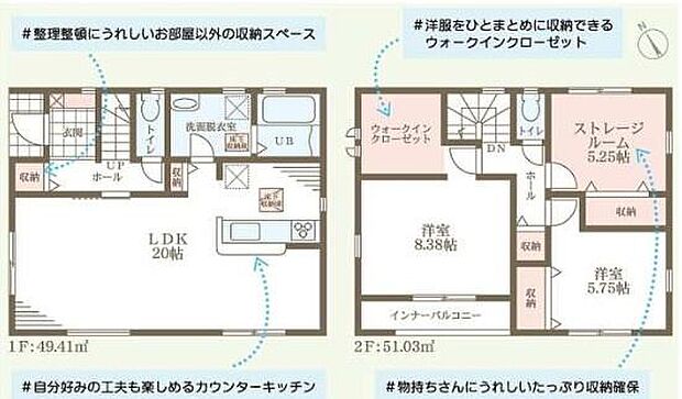 2階建ての間取りで1階は広々とした20帖のLDKが特徴です。2階にはウォークインクローゼットやストレージルームがあり収納面も充実しています。