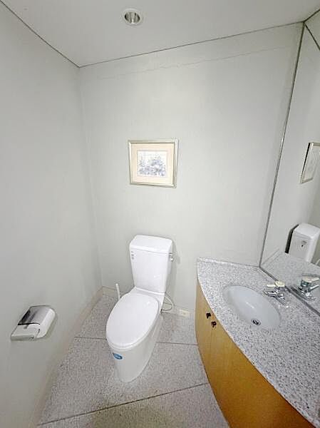 デザイン性あるトイレ空間です。大きな鏡と洗面台が一体となっており使い勝手にも配慮されています。シンプルで清潔感のある内装が印象的です。