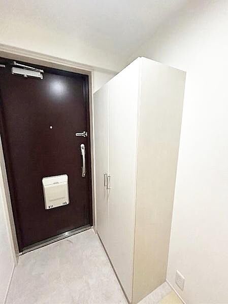玄関はシンプルなデザイン清潔感のある空間。落ち着いた色合いのドアが空間に調和しています。清潔感のある床と壁が印象的です。