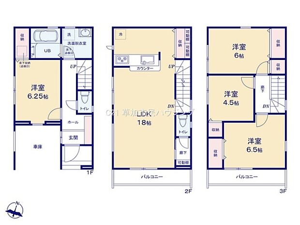 ゆとりのある3階建ての間取りが特徴です。各階に洋室が配置されておりプライベート空間をしっかり確保できます。広めのLDKが2階にあり快適な生活が可能です。