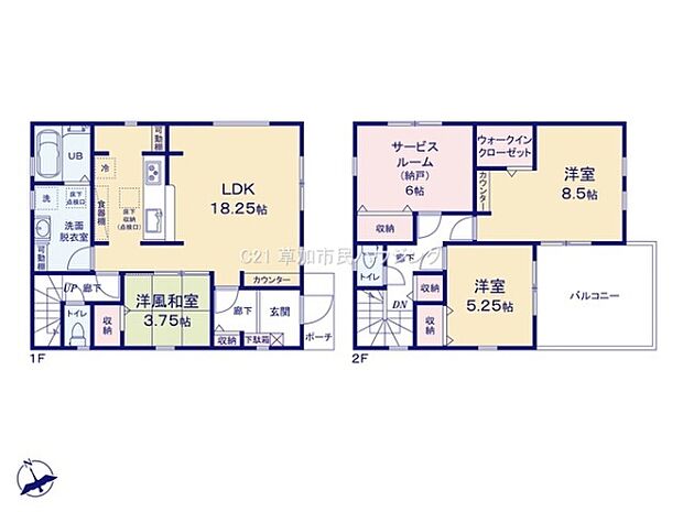 1階には広々としたLDKや便利な洋風和室が配置されています。2階にはバルコニー付きの洋室やウォークインクローゼットがあり収納スペースも充実しています。サービスルームもあり多目的に活用できます。