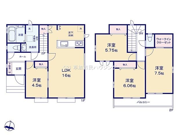 ゆとりある16帖のLDKがあり各居室も十分な広さを確保しています。2階にはウォークインクローゼットが設けられており収納にも便利です。バルコニーも付いていて使い勝手が良い間取りとなっています。