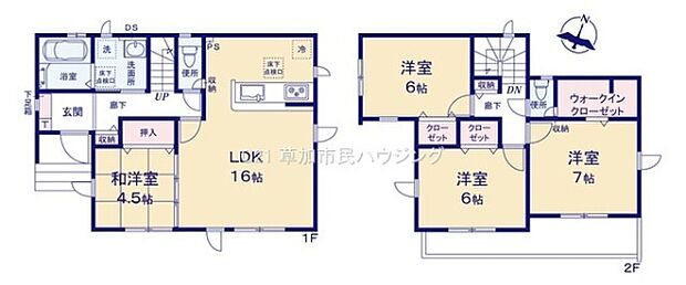 LDKは16帖と広々とした空間が確保されています。二階にはウォークインクローゼット付きの洋室があり収納にも便利です。和洋室の使い分けができライフスタイルに合わせた利用が可能です。