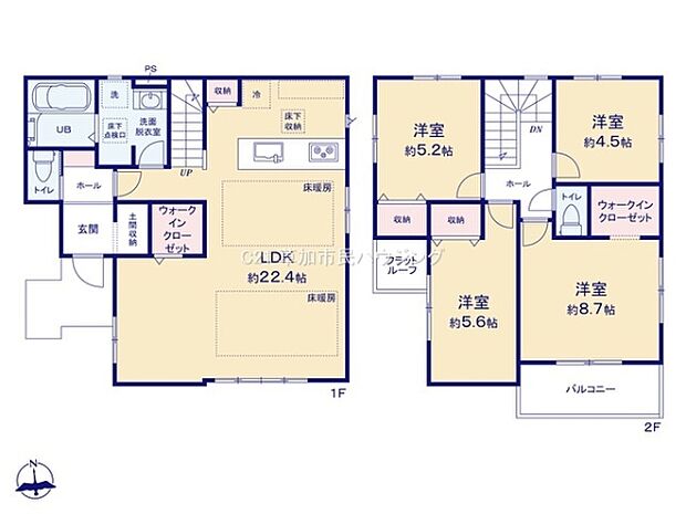 ゆとりある22.4帖のLDKが特徴的です。2階には4部屋の洋室が配置されています。ウォークインクローゼット付きで収納スペースが充実しています。バルコニーも設置されており使い勝手の良い間取りです。