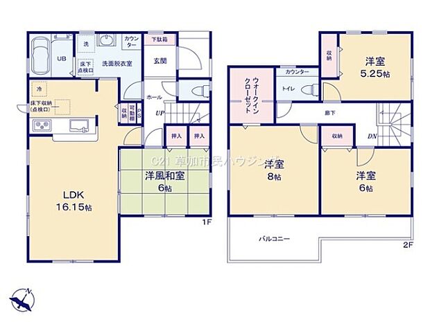 1階には広々としたLDKと和室が配されています。2階にはウォークインクローゼットやカウンター付きの洋室もあり使い勝手に配慮された間取りです。バルコニーや収納スペースも充実している点が魅力的です。