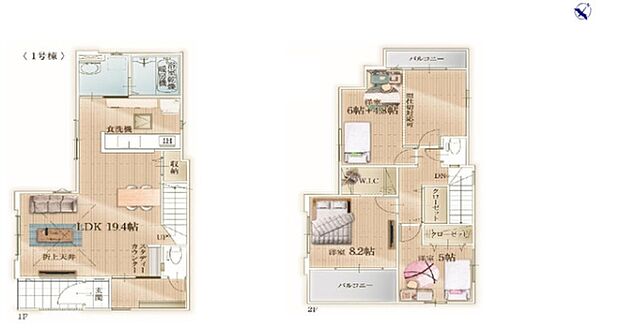 リビングダイニングキッチンは19.4帖と広々とした空間です。2階には個室が3部屋ありそれぞれに収納スペースが設けられています。バルコニーが2階に2ヶ所あり開放感を感じられます。