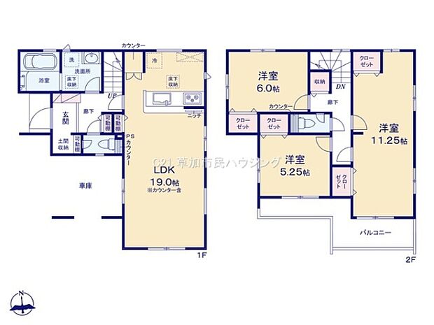ゆとりのある19帖のLDKが特徴です。全居室に収納スペースが確保されています。2階には広々とした洋室がありバルコニーも付いています。浴室や洗面室など水回りも使い勝手に配慮された間取りです。