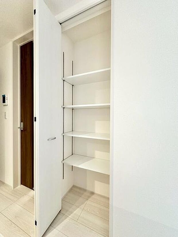 普段使いのアイテムの収納に便利なホール収納。可動式の棚が複数設置されているため用途に合わせて調整可能です。