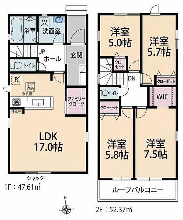 各部屋がバランスよく配置された暮らしやすさ重視の便利な間取りです。全居室に収納が確保されており、お家全体がいつでもスッキリ片付きます!