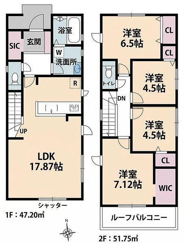 ゆとりある17.87帖のLDKが広がる1階は開放的な空間設計です。2階には全居室収納付きの寝室を4部屋備え、ご家族みんなの暮らしやすさを重視した間取りです。