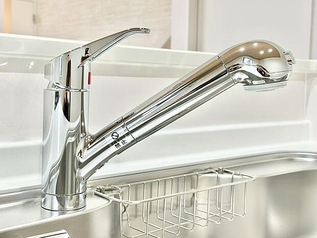 浄水器付きのシンクで、調理や飲料に便利。毎日の家事が快適に行えるキッチンです。スポンジや洗剤を置くバスケットもあるのですっきり片付きます。