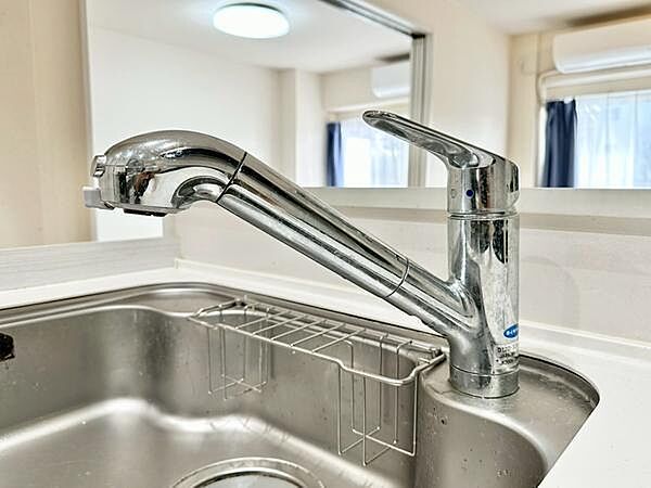 キッチンの水栓はスタイリッシュで清潔感があります。使いやすいレバー式ハンドルを採用しています。シンク周りも広々とした印象です。収納ラックが付いており実用的です。全体的に管理が行き届いた状態です。