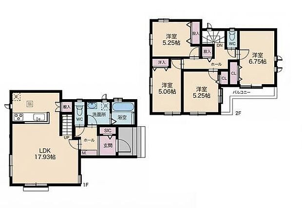 広々としたリビングと複数の洋室が配置された間取りです。二階にはバルコニーもありさまざまな用途に便利です。設備も整った造りで快適な空間が広がります。玄関にはSICがあり収納スペースも確保されています。