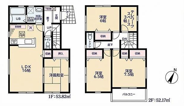 各部屋に収納スペースを備え使い勝手を重視した間取りです。水廻り集中設計で朝の忙しい時間もスムーズに!