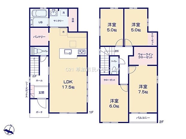 ゆとりある17.5帖のLDKが広がる1階は開放的な空間設計です。2階には7.5帖のゆとりある主寝室を含む4部屋を備え、ご家族みんなの暮らしやすさを重視した間取りです。
